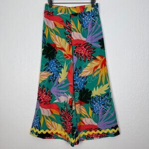 Umgee Tropical Leaf Print Cropped Wide Leg Culotte Pants Size Medium